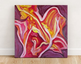 Abstract Olieverfschilderij op Canvas in Paars, Oranje en Rood, Abstracte Kunst, 60x60 cm