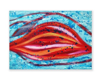 Modern Abstract Schilderij met Blauw en Rood, Abstracte Kunst in Olieverf op Canvas door Maria Meester,  50 x 70 cm