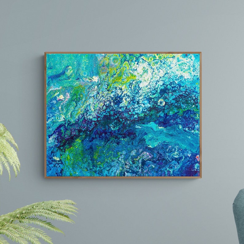 Türkises Fluid-Art-Gemälde, blau-grünes Wanddekor, Kunstdruck oder Leinwand Bild 1