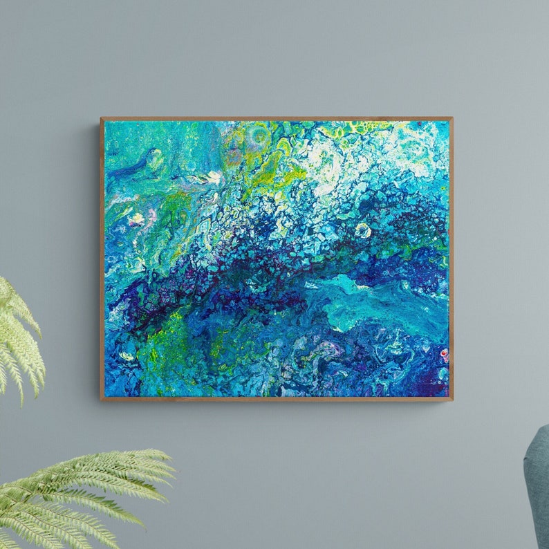 Print van Turquoise Abstract Schilderij, Fluid Art Giclee Print op Canvas of Papier afbeelding 1