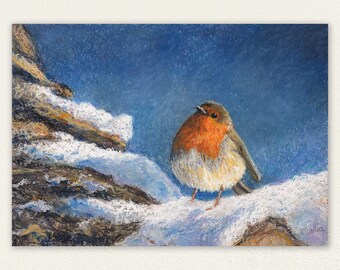 Winter Robin Print created from my Oil Pastel Painting of a Cute Bird, Art Print or Canvas