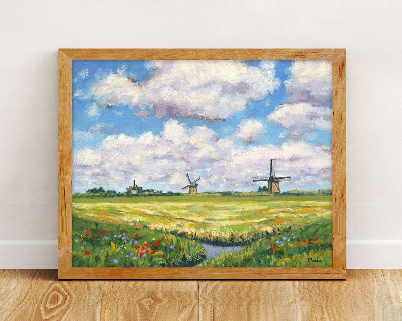 Dutch Landscape Print of my Oil Painting Summer Day in Holland with Windmills, Fine Art Print or Canvas image 4