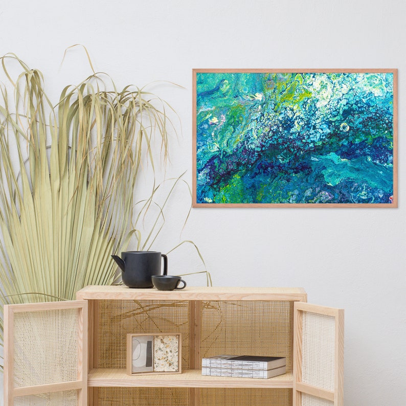 Türkises Fluid-Art-Gemälde, blau-grünes Wanddekor, Kunstdruck oder Leinwand Bild 5