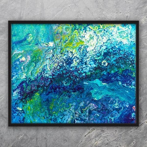 Türkises Fluid-Art-Gemälde, blau-grünes Wanddekor, Kunstdruck oder Leinwand Bild 4