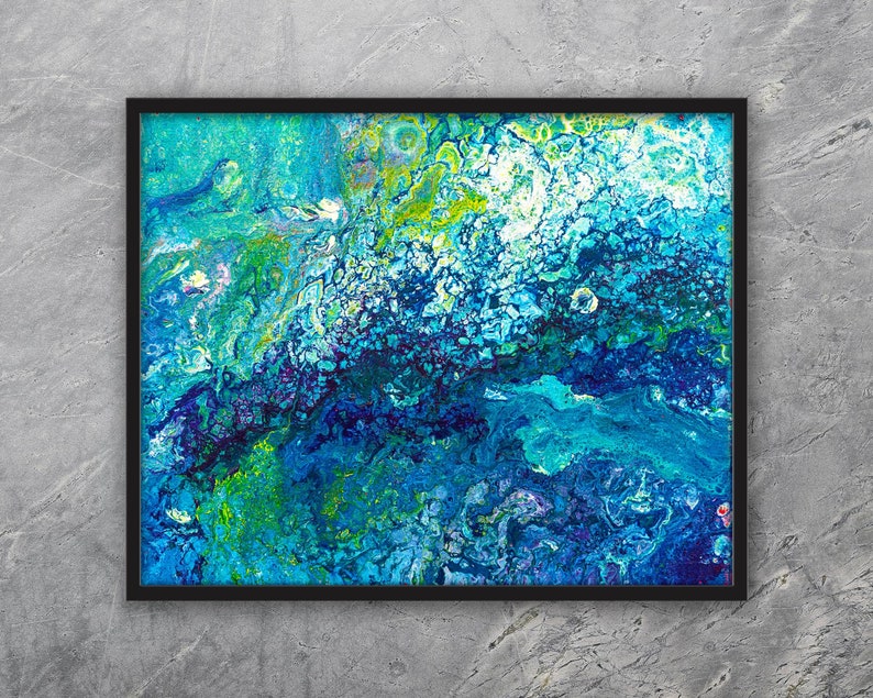 Türkises Fluid-Art-Gemälde, blau-grünes Wanddekor, Kunstdruck oder Leinwand Bild 4