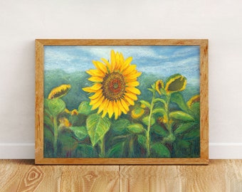 Sunflowers Landscape Print of my French Country Landscape Oil Pastel Painting, Art Print or Canvas