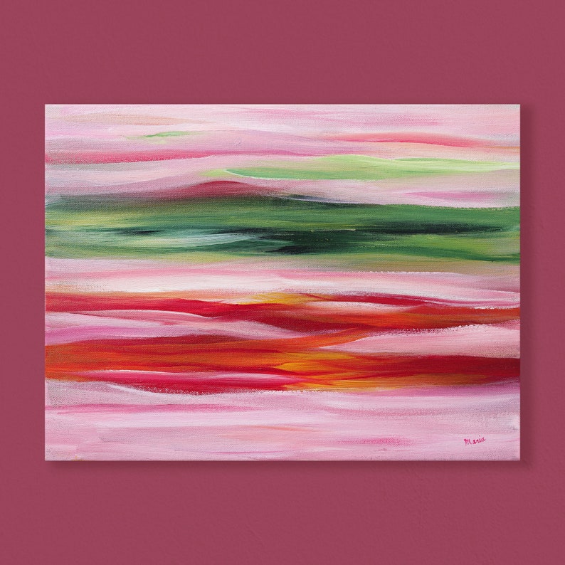Colorful Abstract Art: Green, Red, Pink & Hints of Yellow, Small Modern Wall Decor image 3