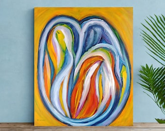 Abstract Modern Geel Acryl Schilderij op Canvas, Kleurige Kunst voor aan de Muur, 60x50 cm