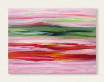 Klein Abstract Schilderij met Golven in Roze, Rood en Groen op Canvas Doek, Kunst voor aan de Muur, 30 x 40 cm