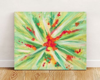 Intuïtive Abstract Oil Painting on Canvas, Original Textured Green and Red Abstract Art