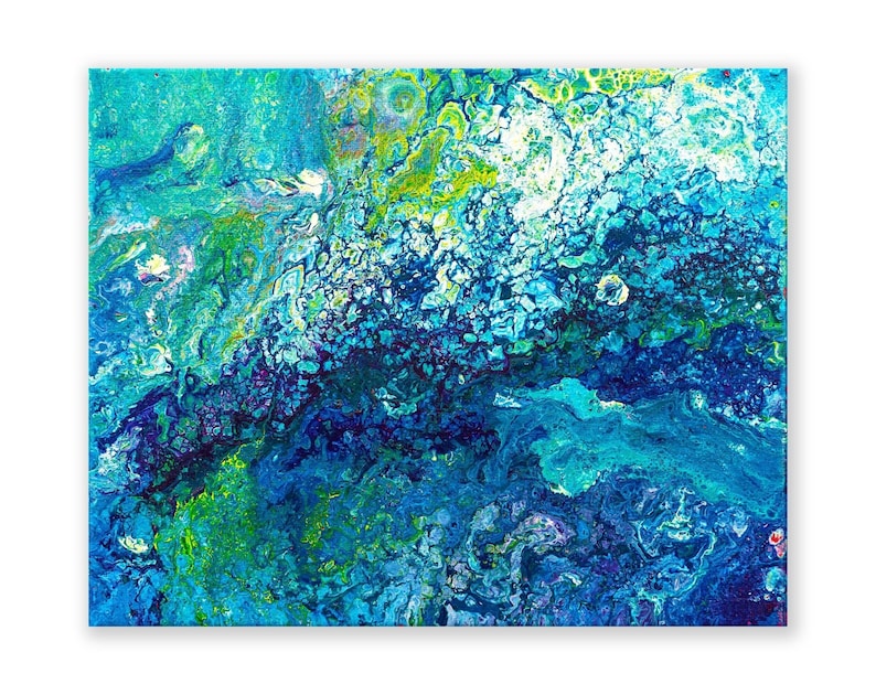 Türkises Fluid-Art-Gemälde, blau-grünes Wanddekor, Kunstdruck oder Leinwand Bild 2