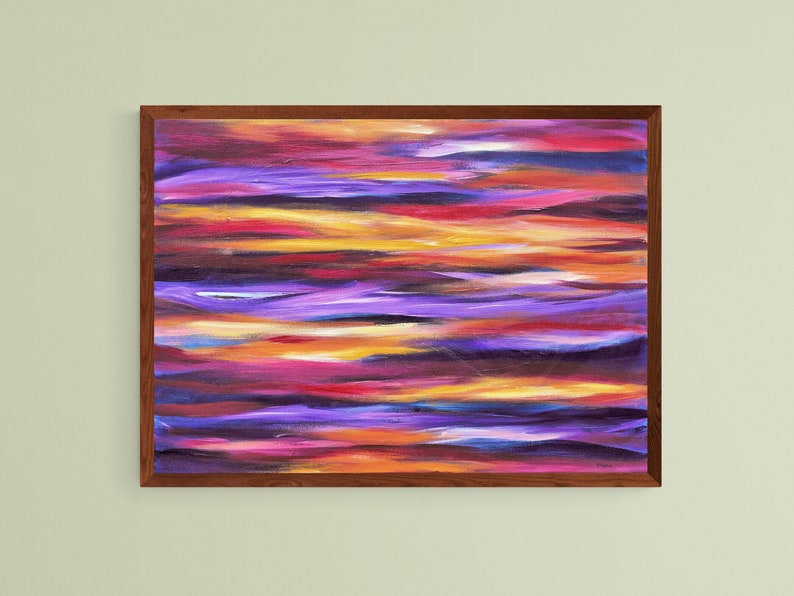 Impression d'art abstrait coloré créée à partir de ma peinture vagues violettes, art mural moderne avec rayures, impression d'art ou toile image 1