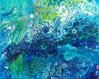 Turquoise art print made from image of fluid art painting, green abstract wall art