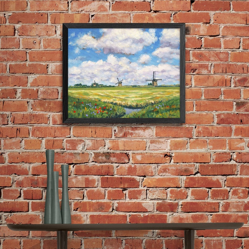Dutch Landscape Print of my Oil Painting Summer Day in Holland with Windmills, Fine Art Print or Canvas image 3