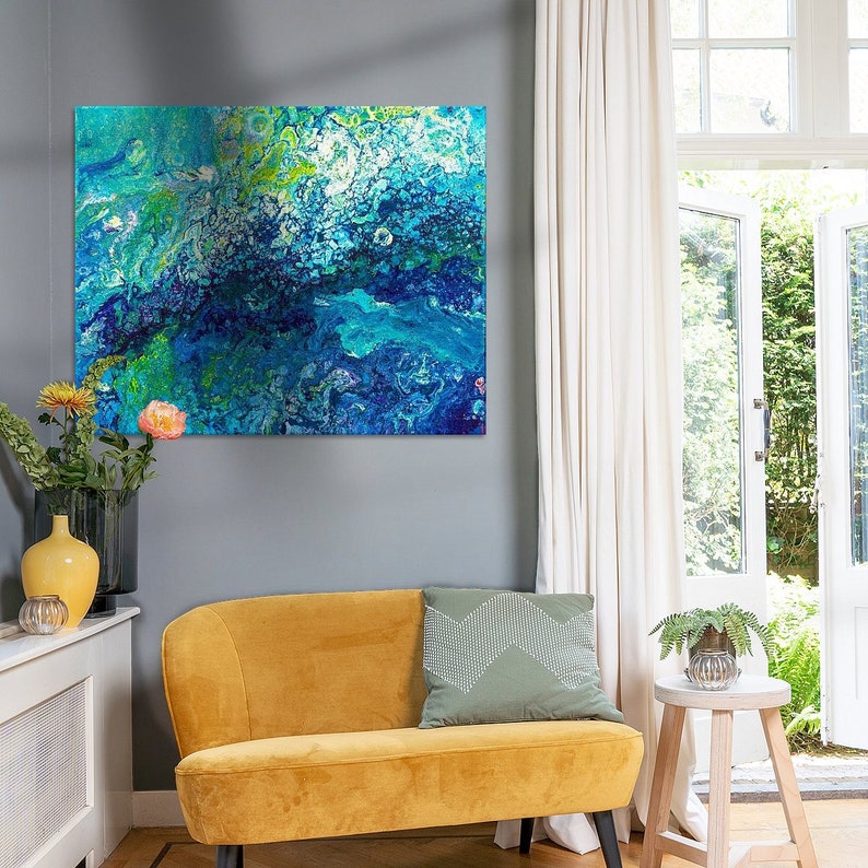 Türkises Fluid-Art-Gemälde, blau-grünes Wanddekor, Kunstdruck oder Leinwand Bild 3