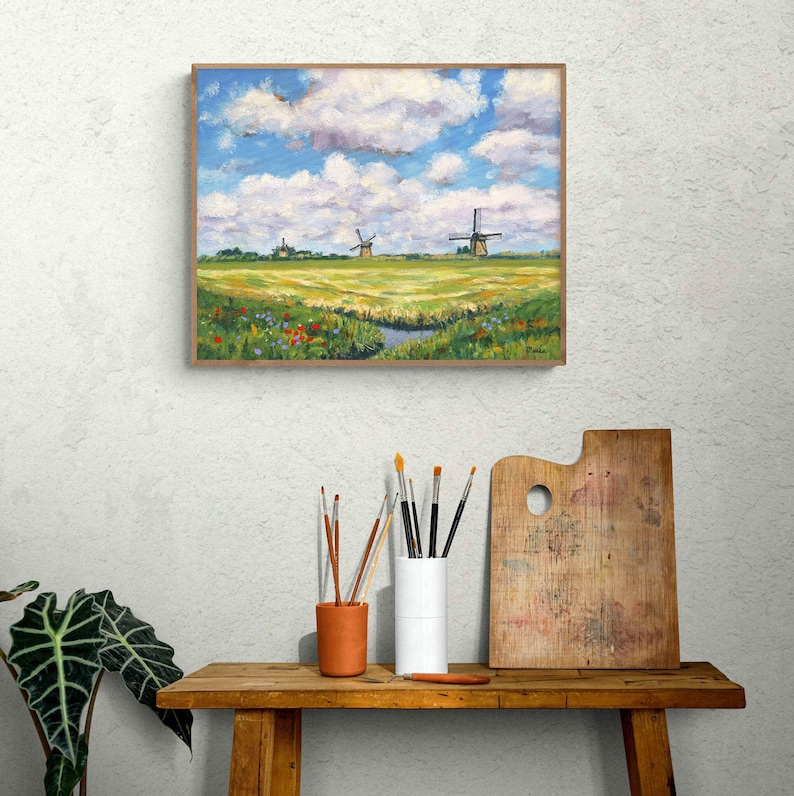 Dutch Landscape Print of my Oil Painting Summer Day in Holland with Windmills, Fine Art Print or Canvas image 2