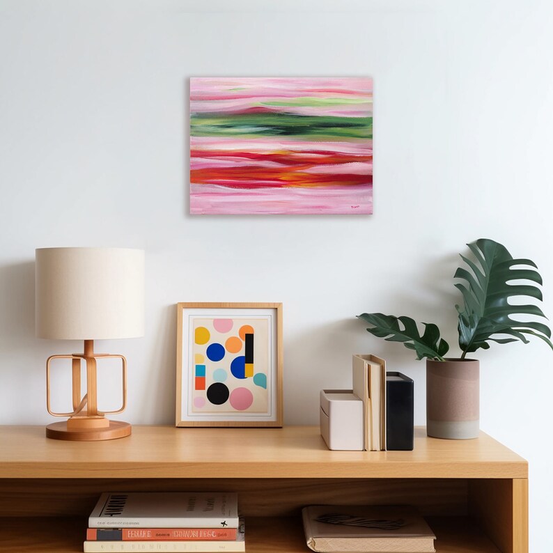 Colorful Abstract Art: Green, Red, Pink & Hints of Yellow, Small Modern Wall Decor image 2