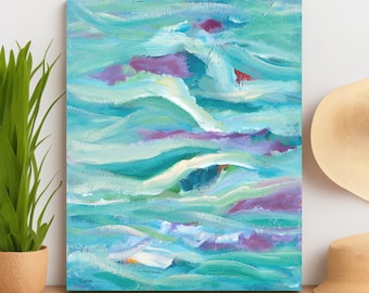 Abstract Seascape Painting in Acrylic on Canvas in Aqua, Blue and Green, Contemporary Wall Art, 50x40 cm, 20x16 inches