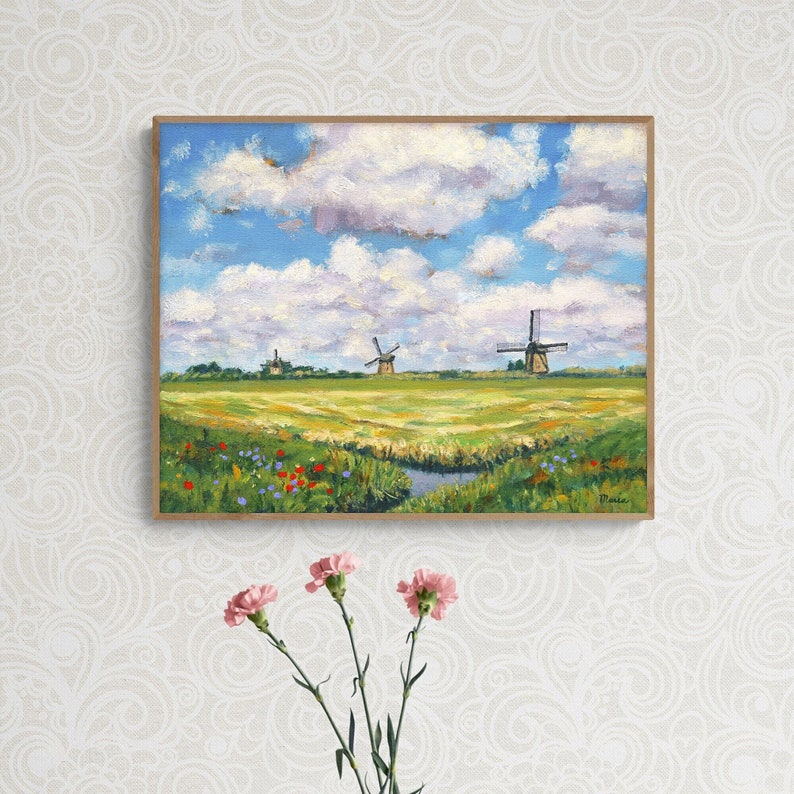 Dutch Landscape Print of my Oil Painting Summer Day in Holland with Windmills, Fine Art Print or Canvas image 1