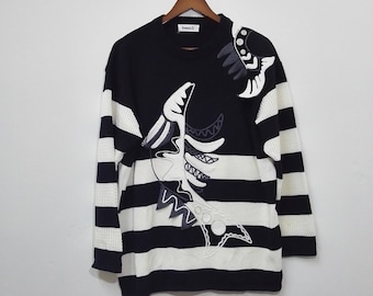 Sudadera de punto vintage KANSAI O2 con diseño de bordado de pez, diseño raro, diseñador japonés