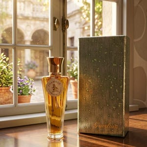 May include: A perfume bottle and box are displayed on a wooden surface near a window. The bottle is clear with a gold cap and contains a golden liquid. The box has a textured gold and green pattern, with the word "Guerlain" visible.