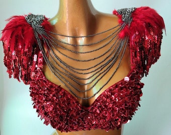 Gogo Dancing Squins Costume Beading bra and Epaulettes Costume