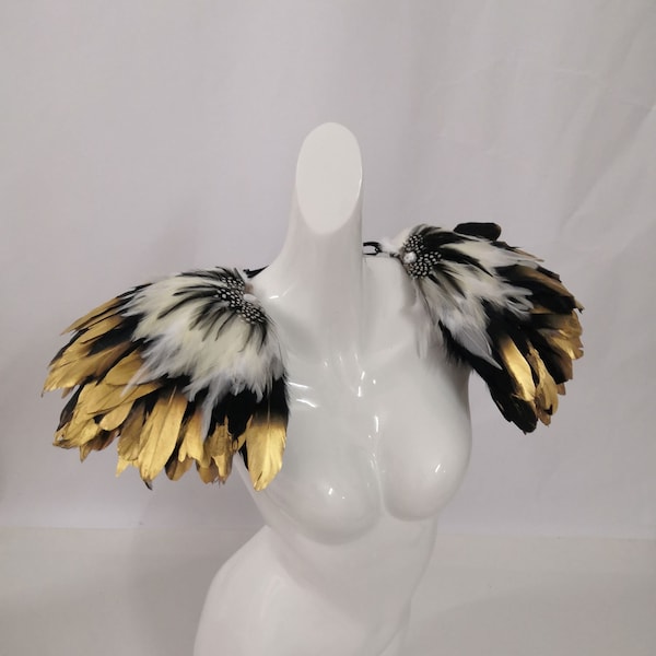Épaulettes en plumes à pointe dorée Costume de carnaval pièces d'épaule en plumes haussement d'épaules en plumes
