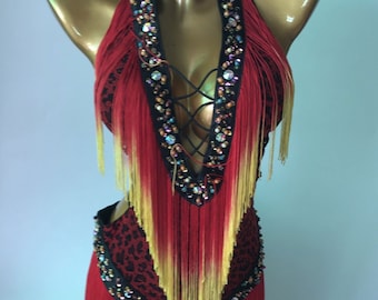 Tassel and Beads Showgirl Outfit Stage Show Costume Rave Outfit Las Vegas Showgirl Costume