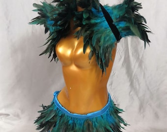 2pcs Costume Set Feather Rave Outfit Burlesque feather backpack and belt skirt costume Set Halloween Costume