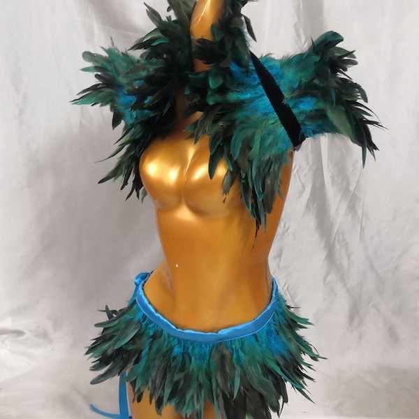 2pcs Costume Set Feather Rave Outfit Burlesque feather backpack and belt skirt costume Set Halloween Costume