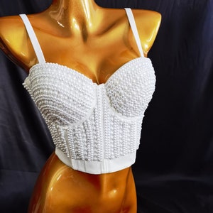 Hand Made Faux Pearl Bustier Top/ Showgirl Bustier Top/Show Top/Stage Show Crop Top/Night Club top