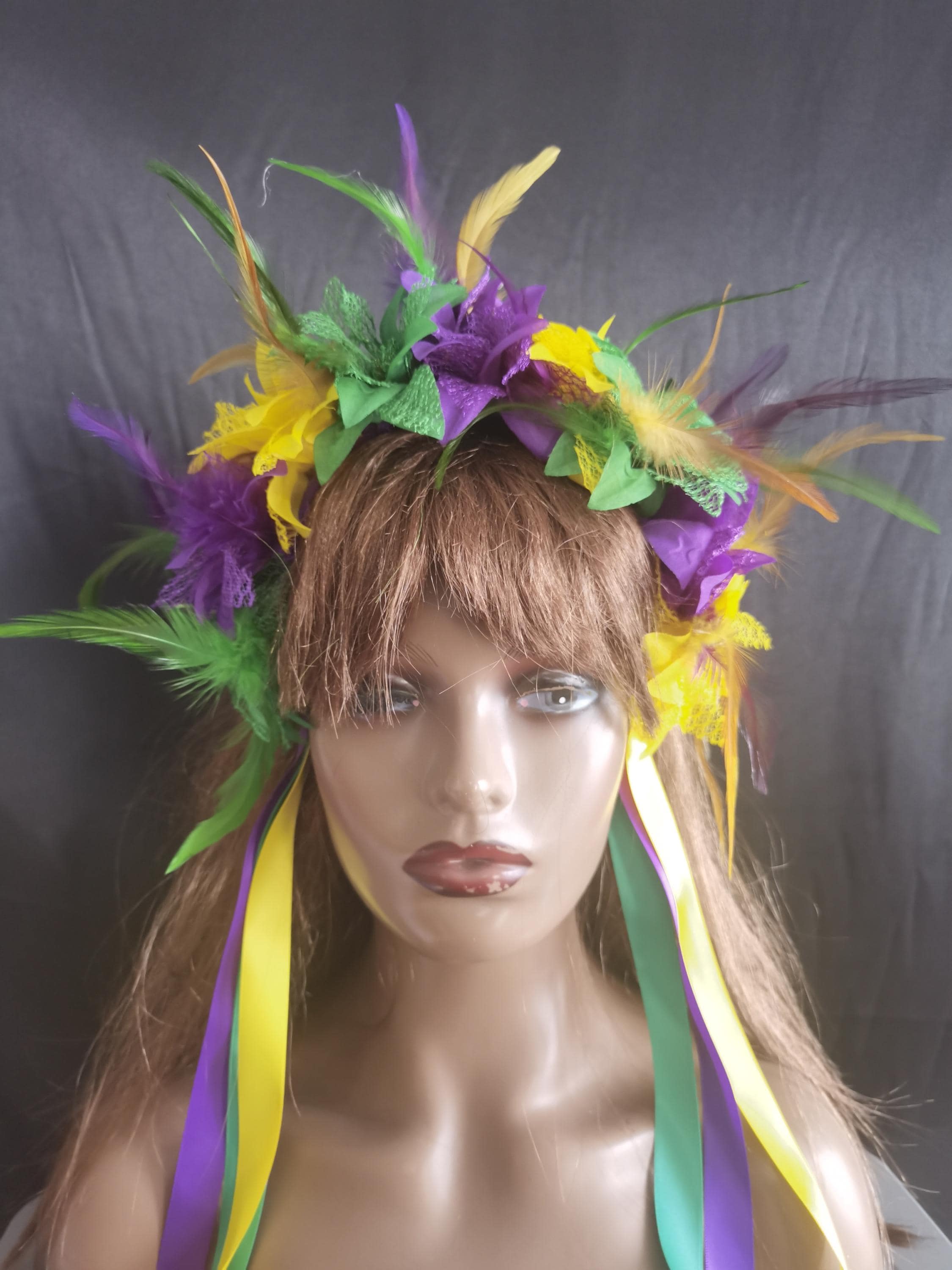 Handmade Large Floral Headpiece Clip Style Green, Purple, White Showgirl Costume Showgirl Flower Costume - Etsy main image 2