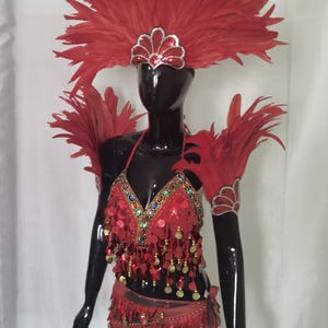 May include: A vibrant red carnival costume with a feathered headdress, shoulder pieces, and a sequined top and skirt. The costume features gold and jewel accents, and fringe detailing. The outfit is displayed on a black mannequin.