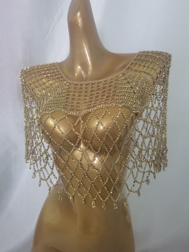 Crocheted Dainty beading Top / Beaded Cape/ Crocheted Beaded Cover Up /Bikini Cover-up/Carnival Cover up/Showgirl Cover up/Photo Shooting image 9