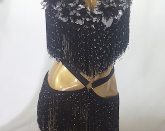 Carnival Outfit/Mardi Gras Costume/Cosplay Bra and Belt Skirt Set/Showgirl Festival Clothing