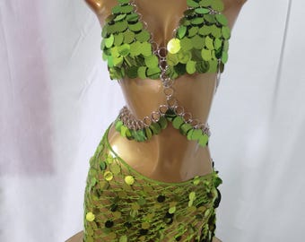 Lime Green Sequins Costume Set: Mermaid, Mardi Gras, Carnival Outfit/Biniki Cover-ups