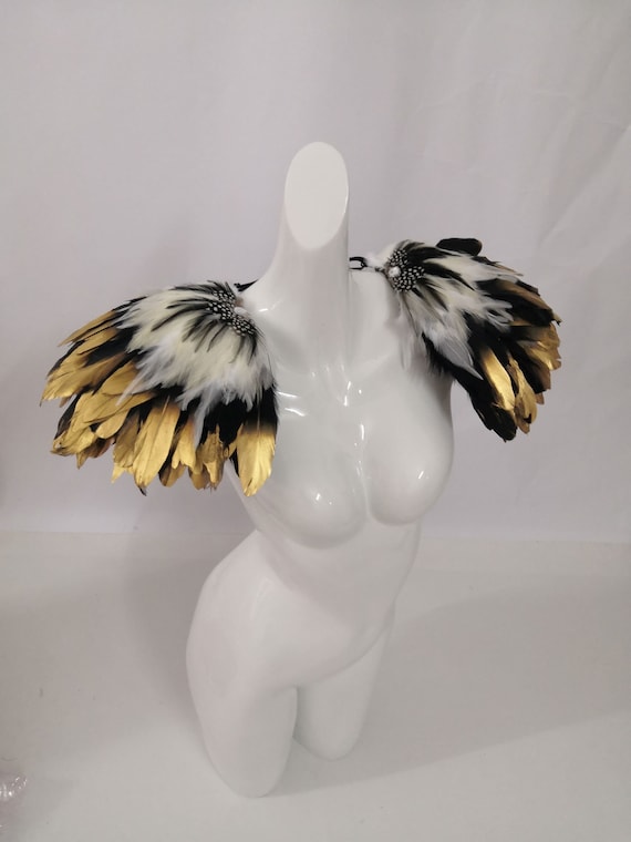 Gold Tipped Feather epaulettes Carnival Costume Feather Shoulder Pieces Feather Shrug