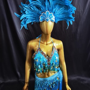 May include: A turquoise blue costume set with a feathered headdress, halter top, and skirt. The top and skirt are adorned with sequins and dangling gold-colored coins. The headdress features a silver-colored decorative accent.
