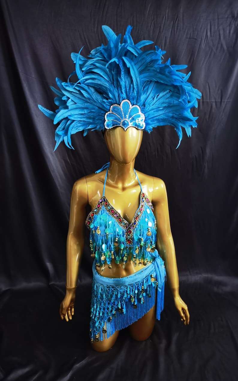 May include: A turquoise blue costume set with a feathered headdress, halter top, and skirt. The top and skirt are adorned with sequins and dangling gold-colored coins. The headdress features a silver-colored decorative accent.