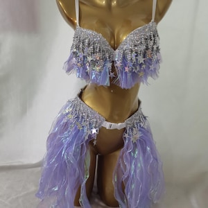 虹色に輝くパープルのオーガンザブラ＆ベルトスカートコスチュームセット：マルディグラ、カーニバル、コスプレ、EDC、レイブ衣装