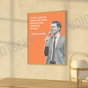 May include: A framed poster featuring a quote by John Mulaney against an orange background. The quote reads, "I don't care for these new nazis, and you may quote me on that." A photo of Mulaney holding a microphone is on the right.