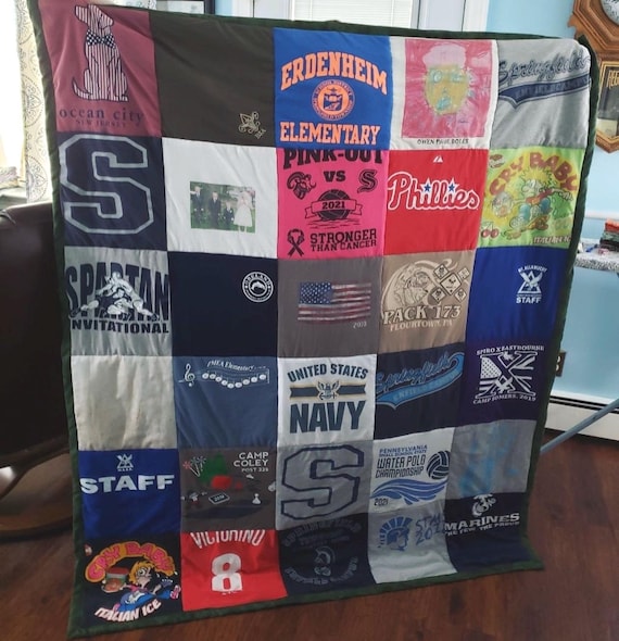 Customizable T-Shirt Memory Quilt | TWIN SIZE | 30 Squares | 6ft by 5ft | 12x12 Squares | Poly Batting | Cotton Backing -You pick the color!