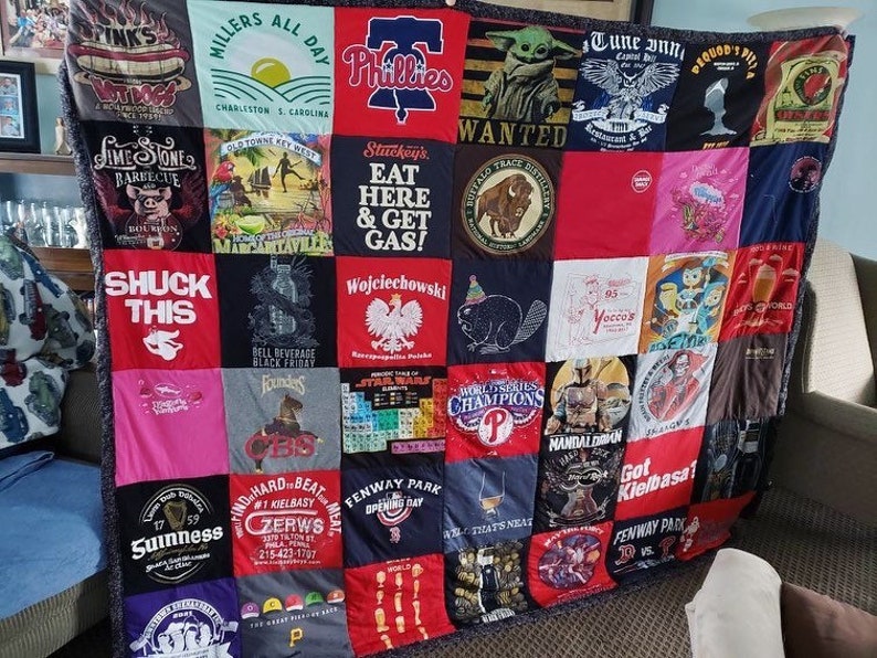 Customizable T-Shirt Memory Quilt | QUEEN SIZE | 42 Squares | 7ft by 6ft | 12x12 Squares | Poly Batting | Cotton Backing-You pick the color! image 4