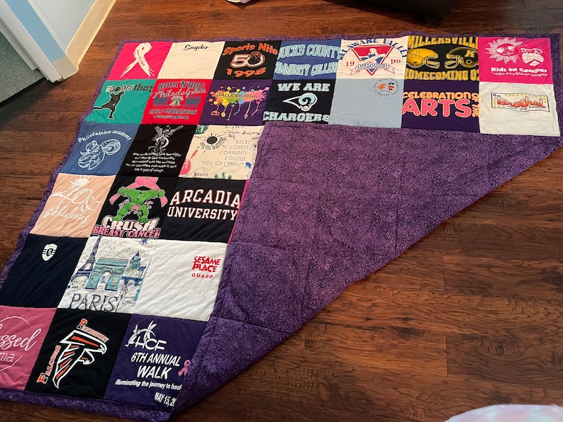 Customizable T-Shirt Memory Quilt | QUEEN SIZE | 42 Squares | 7ft by 6ft | 12x12 Squares | Poly Batting | Cotton Backing-You pick the color! image 6