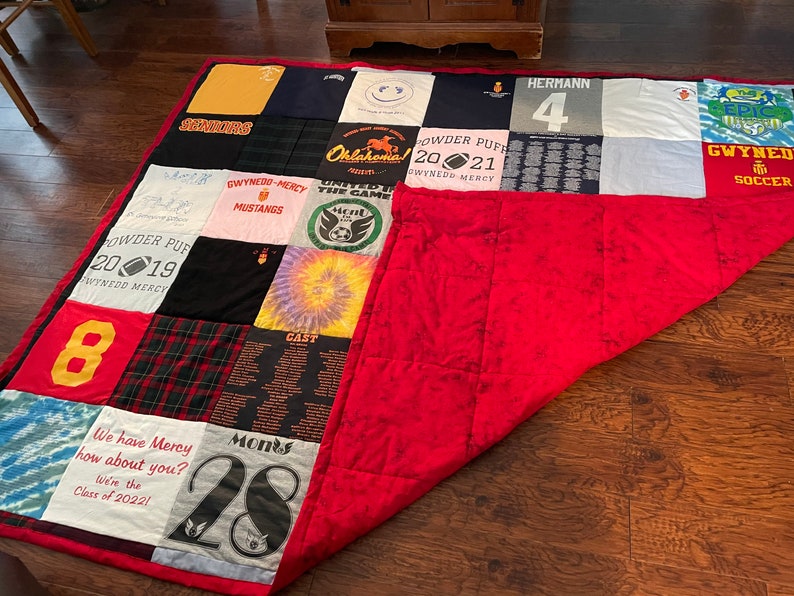 Customizable T-Shirt Memory Quilt | QUEEN SIZE | 42 Squares | 7ft by 6ft | 12x12 Squares | Poly Batting | Cotton Backing-You pick the color! image 2
