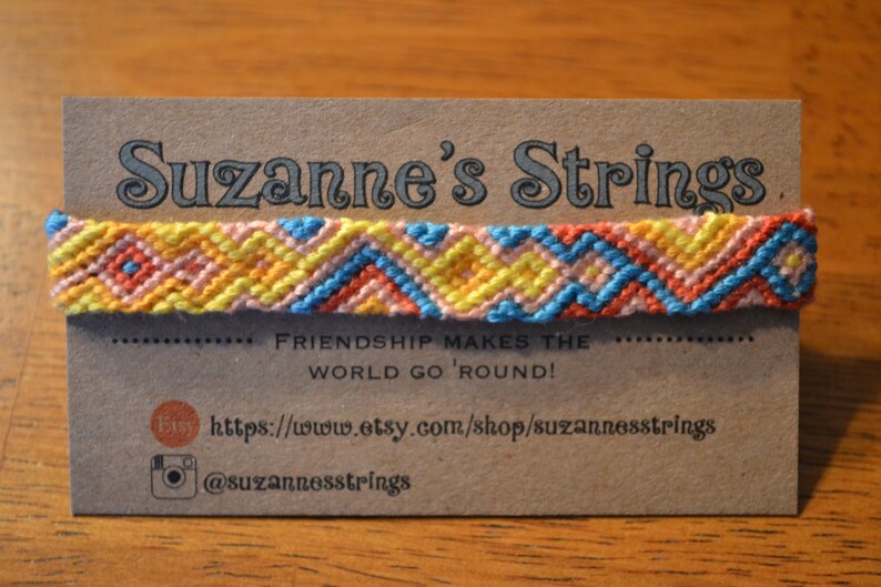 salmon Yellow orange bright blue diamond and triangle pattern handmade woven friendship bracelet