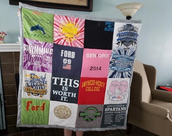 Customizable T-Shirt Memory Quilt | Lap Throw Quilt Size | Multiple Sizes in Listing | 12X12 inch squares | Poly Batting | Cotton Backing |