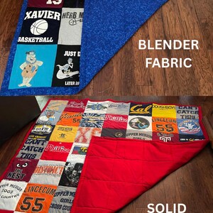 May include: A patchwork quilt made from t-shirts, displaying a variety of colours and graphics. The quilt includes sports team logos, cartoon characters, and text. It has a solid red backing and a blue patterned fabric, creating a unique design.