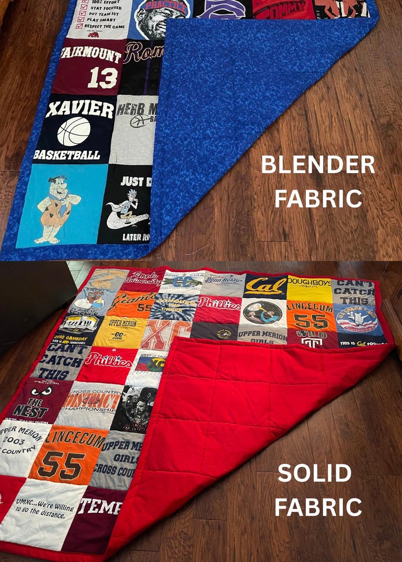 May include: A patchwork quilt made from t-shirts, displaying a variety of colours and graphics. The quilt includes sports team logos, cartoon characters, and text. It has a solid red backing and a blue patterned fabric, creating a unique design.