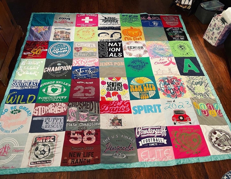 Customizable T-Shirt Memory Quilt | QUEEN SIZE | 42 Squares | 7ft by 6ft | 12x12 Squares | Poly Batting | Cotton Backing-You pick the color! XL Queen 7x7ft 49sq